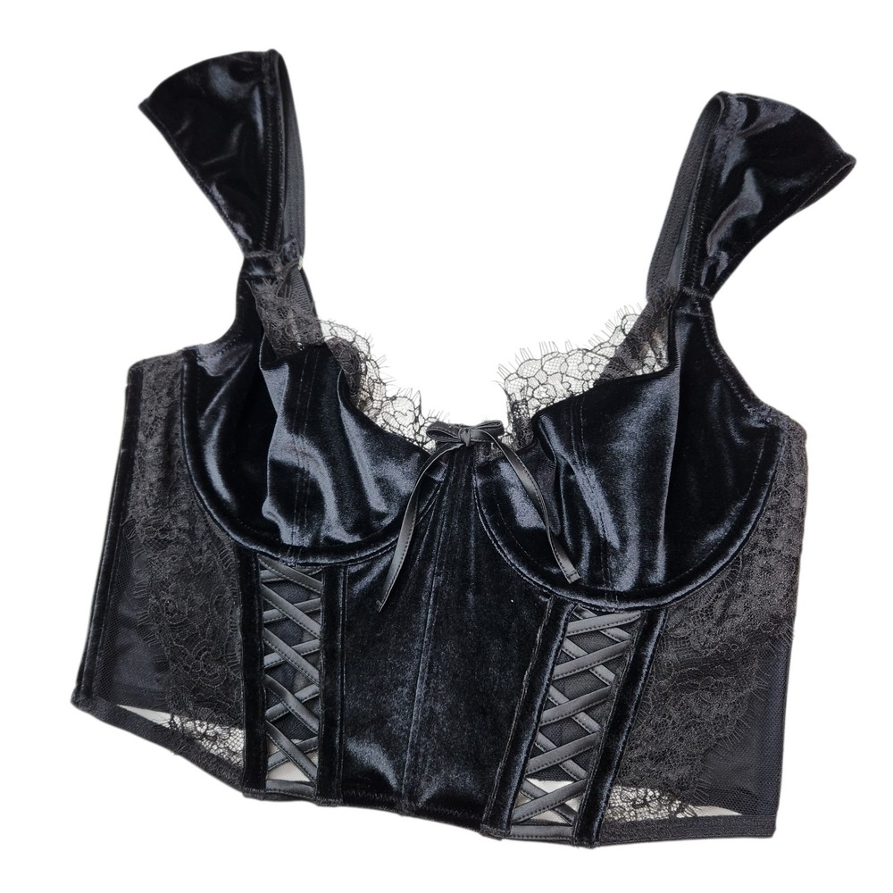 Victoria's Secret Size Medium Dream Angels Black Velvet Mesh Lace Up Corset Top - Picture 4 of 11